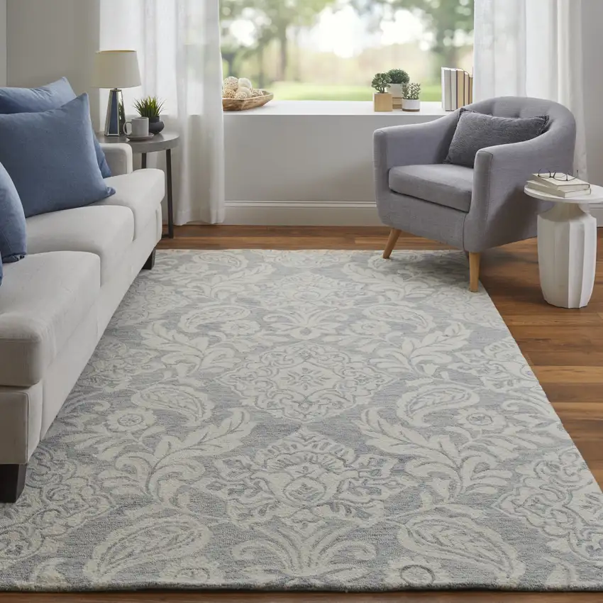 Blue And Ivory Wool Paisley Tufted Handmade Stain Resistant Area Rug Photo 2
