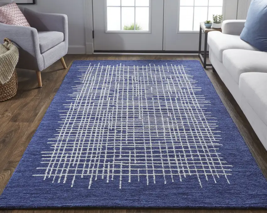 Blue And Ivory Wool Plaid Tufted Handmade Stain Resistant Area Rug Photo 6