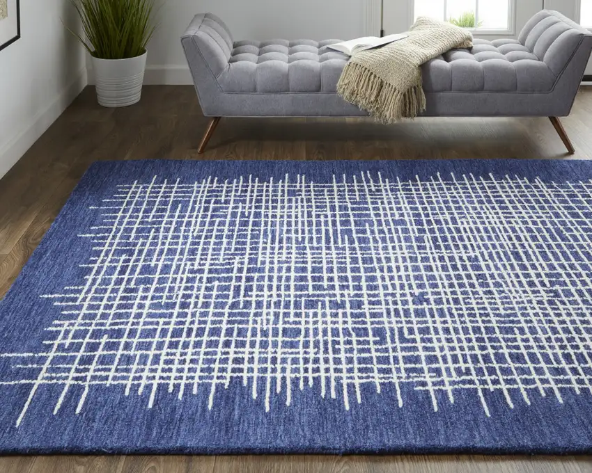 Blue And Ivory Wool Plaid Tufted Handmade Stain Resistant Area Rug Photo 7