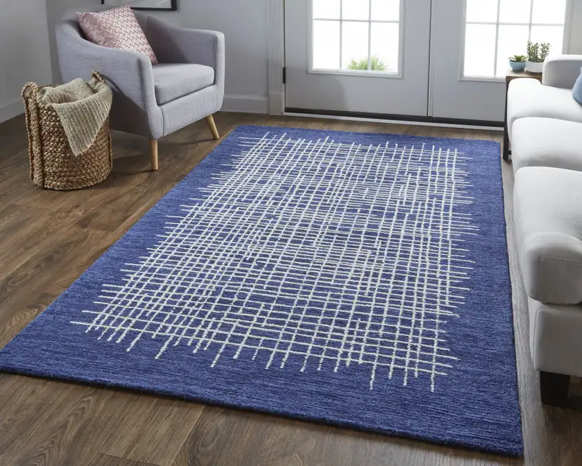 Blue And Ivory Wool Plaid Tufted Handmade Stain Resistant Area Rug Photo 5