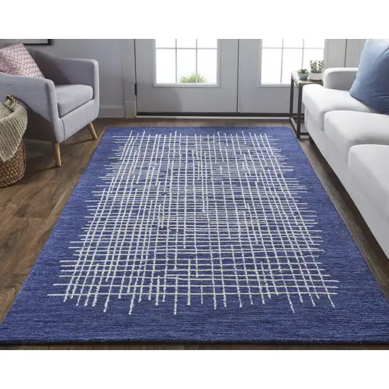 Blue And Ivory Wool Plaid Tufted Handmade Stain Resistant Area Rug Photo 5