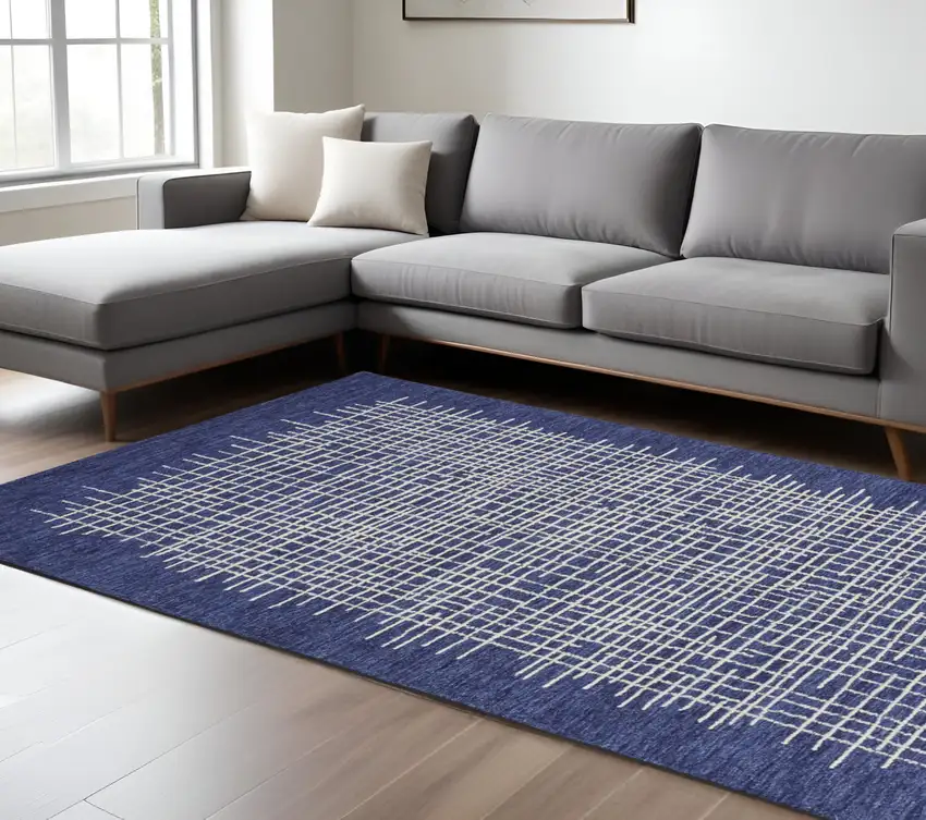 Blue and Ivory Wool Plaid Hand Tufted Area Rug Photo 1