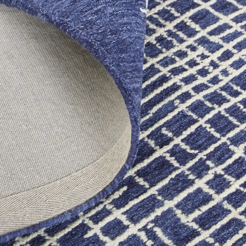 Blue And Ivory Wool Plaid Tufted Handmade Stain Resistant Area Rug Photo 4
