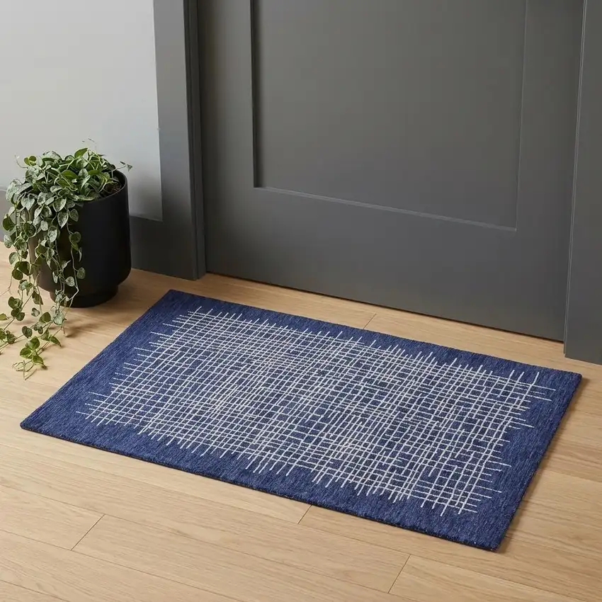 Blue And Ivory Wool Plaid Tufted Handmade Stain Resistant Area Rug Photo 1