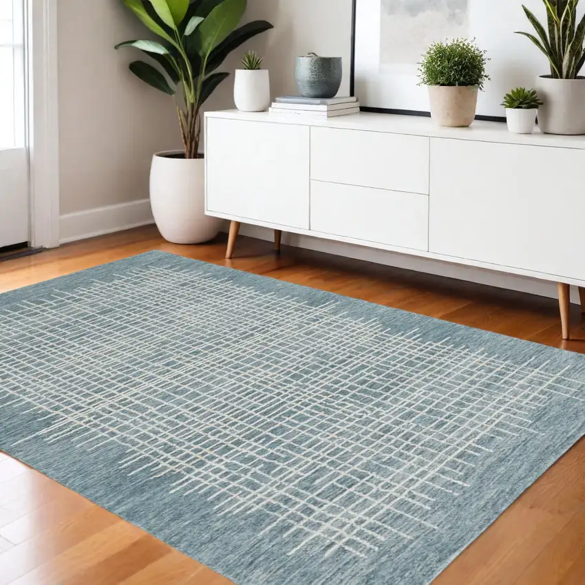 Blue And Ivory Wool Crosshatch Hand Tufted Area Rug Photo 1