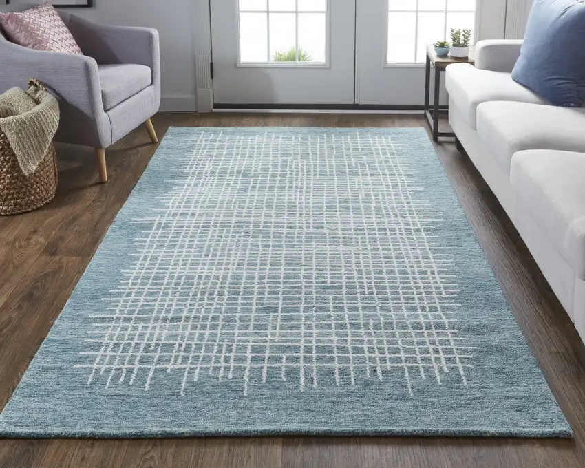 Blue And Ivory Wool Plaid Tufted Handmade Stain Resistant Area Rug Photo 5