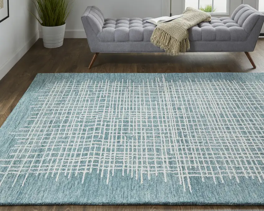 Blue And Ivory Wool Plaid Tufted Handmade Stain Resistant Area Rug Photo 7
