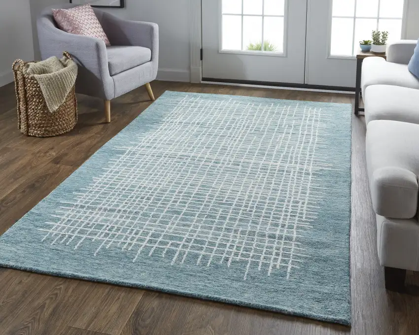 Blue And Ivory Wool Plaid Tufted Handmade Stain Resistant Area Rug Photo 6
