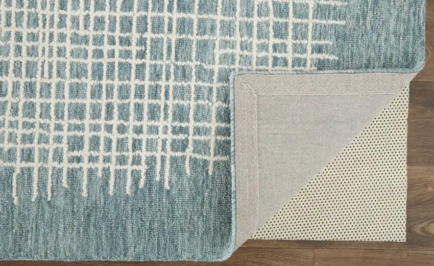 Blue And Ivory Wool Plaid Tufted Handmade Stain Resistant Area Rug Photo 3