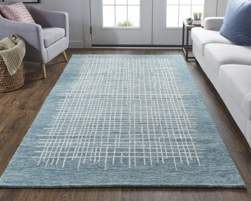Blue And Ivory Wool Plaid Tufted Handmade Stain Resistant Area Rug Photo 2