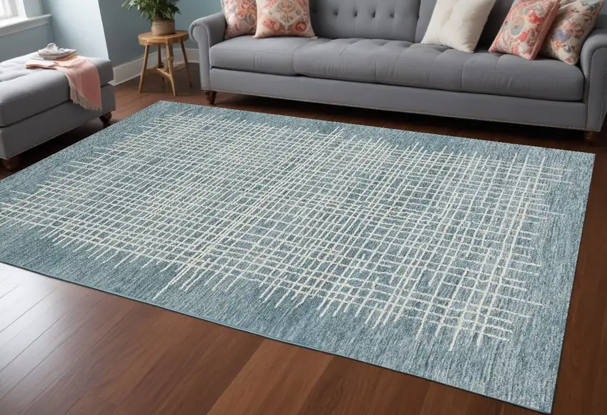 Blue And Ivory Wool Plaid Tufted Handmade Stain Resistant Area Rug Photo 1