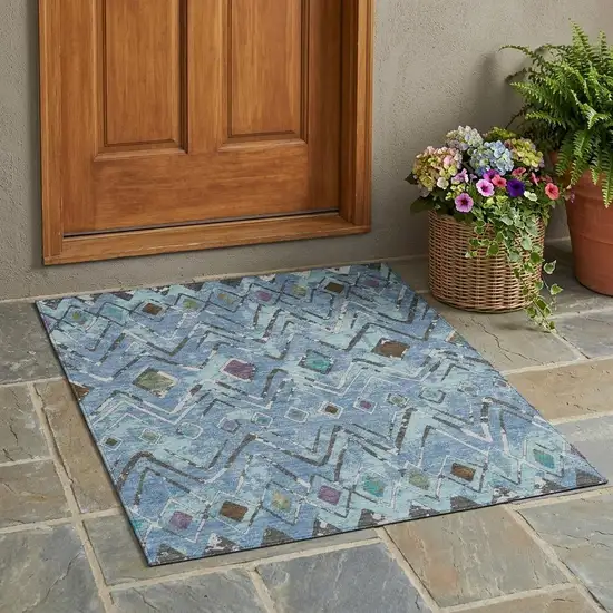 Blue And Khaki Geometric Washable Indoor Outdoor Area Rug Photo 1
