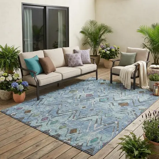 Blue And Khaki Geometric Washable Indoor Outdoor Area Rug Photo 1