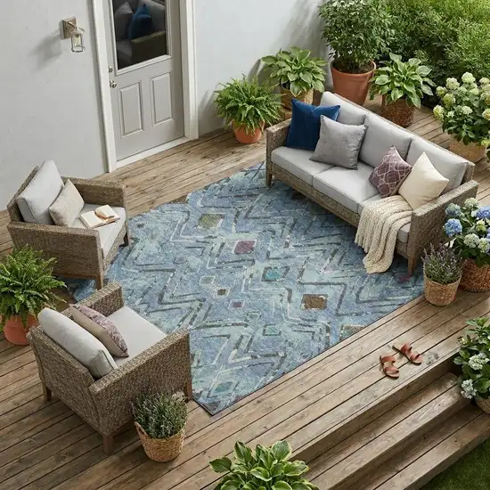 Blue And Khaki Geometric Washable Indoor Outdoor Area Rug Photo 1