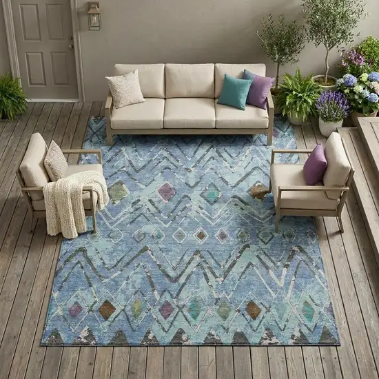 Blue And Khaki Geometric Washable Indoor Outdoor Area Rug Photo 1