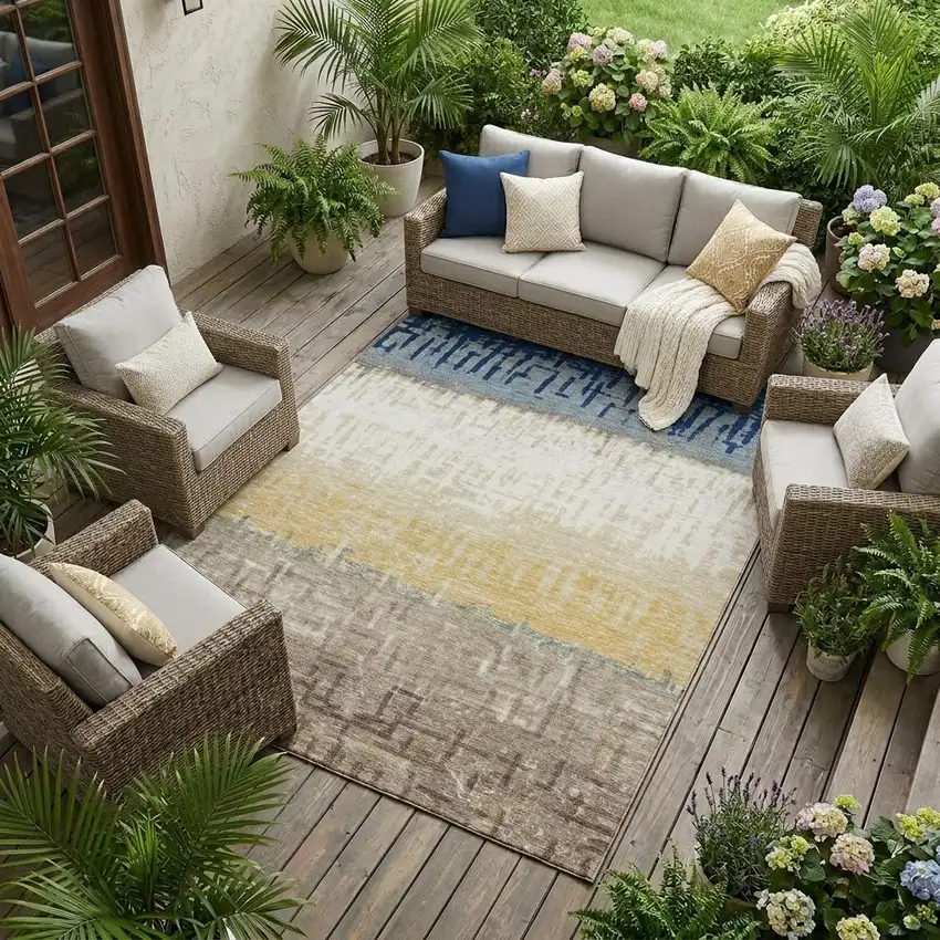 Blue And Khaki Striped Washable Indoor Outdoor Area Rug Photo 1