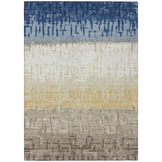 Blue And Khaki Striped Washable Indoor Outdoor Area Rug Photo 2