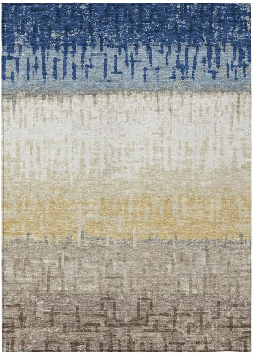 Blue And Khaki Striped Washable Indoor Outdoor Area Rug Photo 2