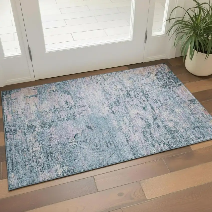 Blue And Lavender Abstract Washable Area Rug With UV Protection Photo 2