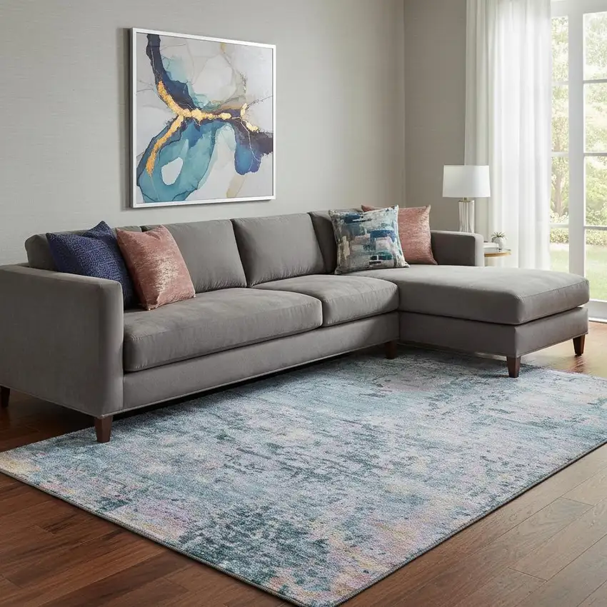 Blue And Lavender Abstract Washable Area Rug With UV Protection Photo 2