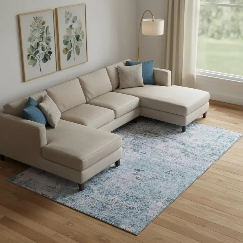 Blue And Lavender Abstract Washable Area Rug With UV Protection Photo 2