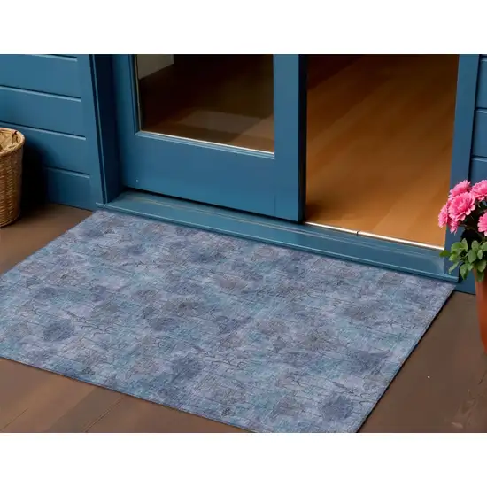 Blue And Lavender Floral Washable Indoor Outdoor Area Rug Photo 2