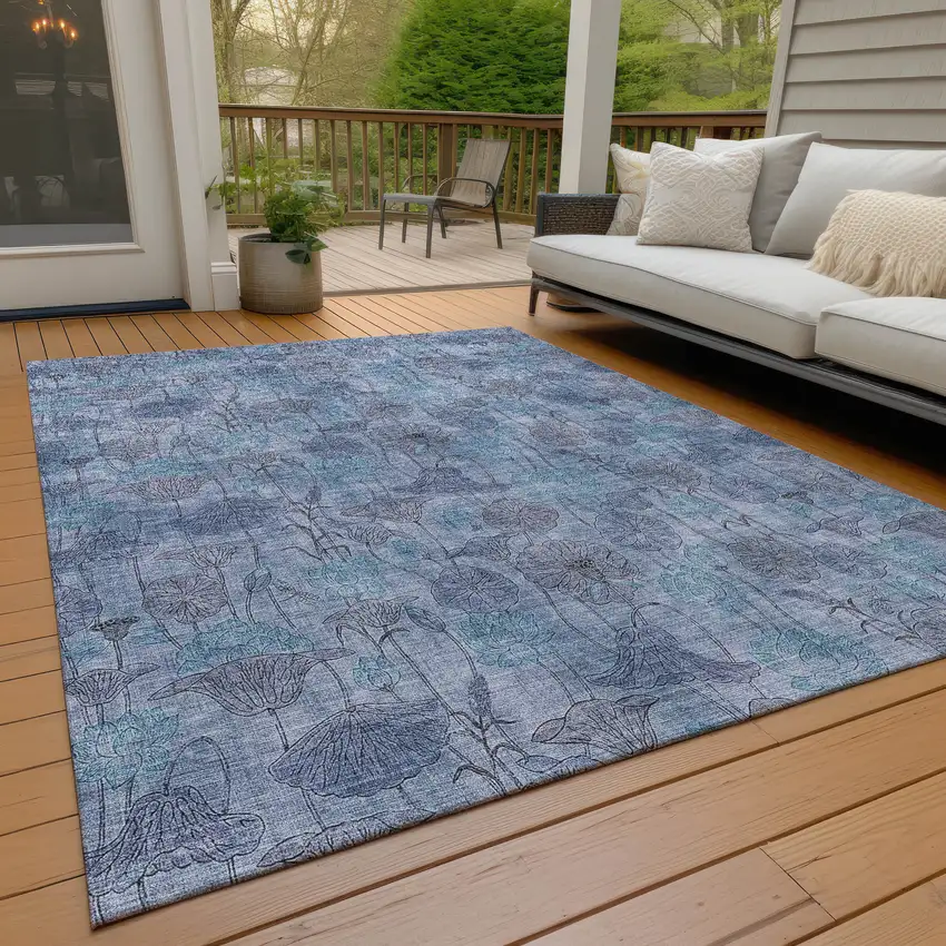 Blue And Lavender Floral Washable Indoor Outdoor Area Rug Photo 8