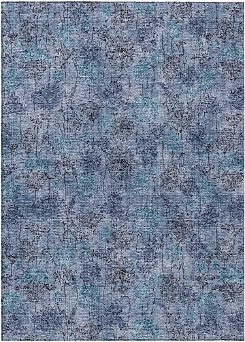 Blue And Lavender Floral Washable Indoor Outdoor Area Rug Photo 1