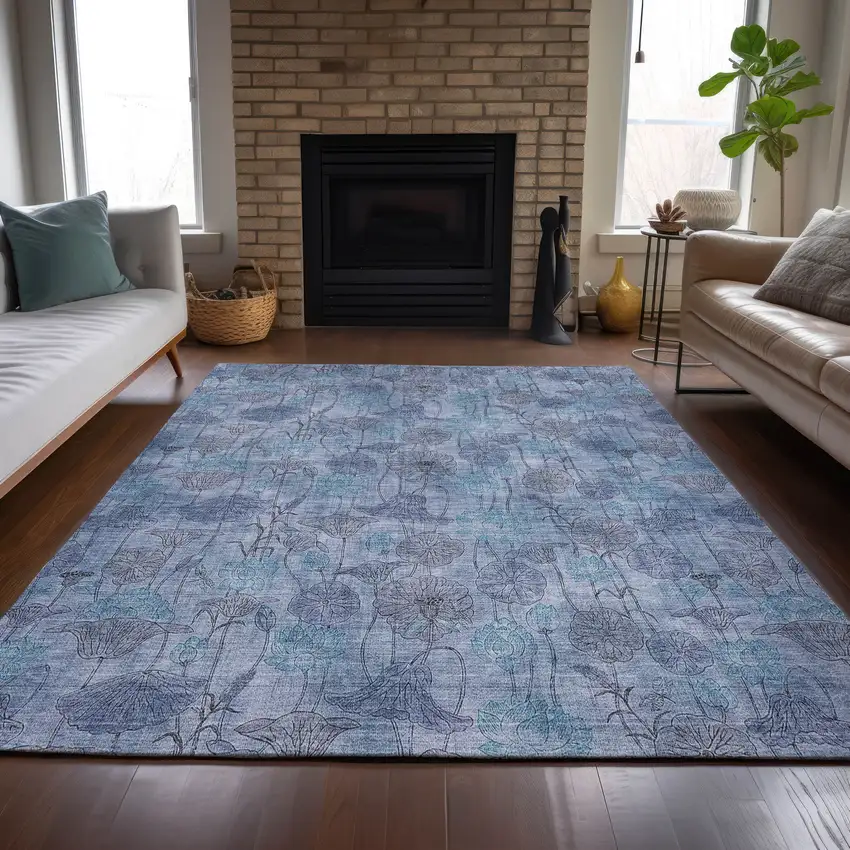 Blue And Lavender Floral Washable Indoor Outdoor Area Rug Photo 7