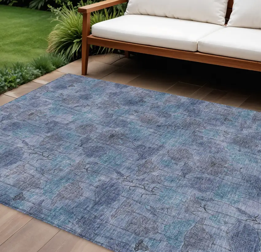 Blue And Lavender Floral Washable Indoor Outdoor Area Rug Photo 2