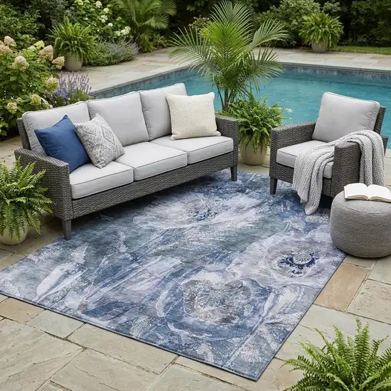 Blue And Lavender Floral Washable Indoor Outdoor Area Rug Photo 1