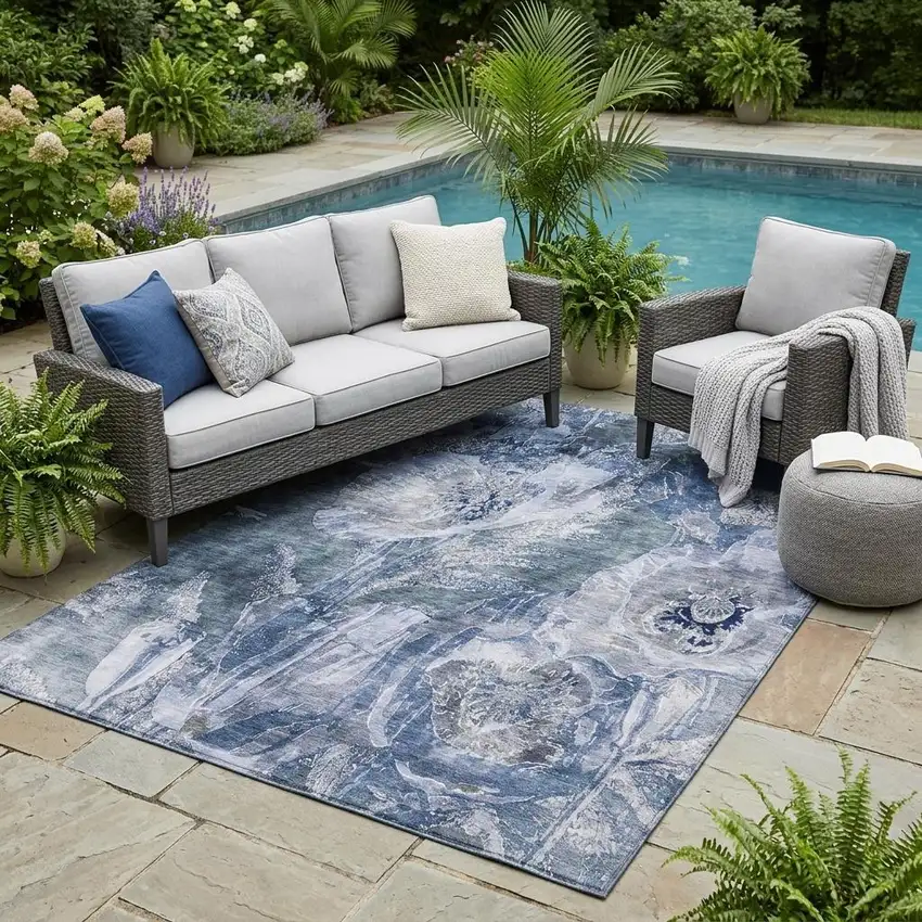 Blue And Lavender Floral Washable Indoor Outdoor Area Rug Photo 1