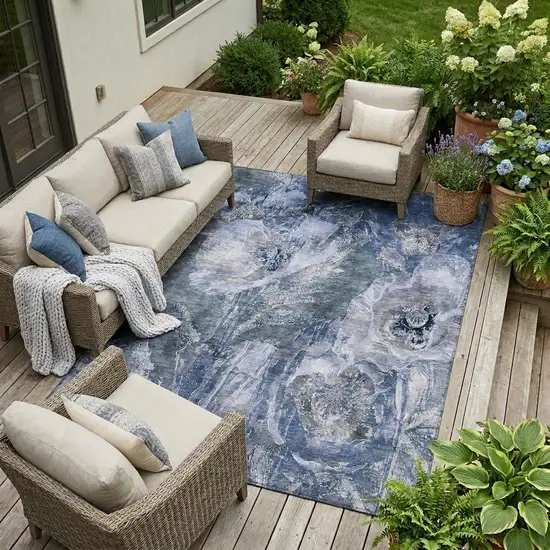 Blue And Lavender Floral Washable Indoor Outdoor Area Rug Photo 1