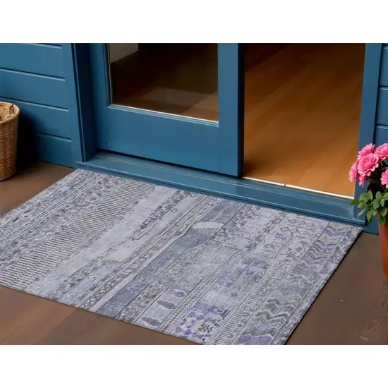 Blue And Lavender Striped Washable Indoor Outdoor Area Rug Photo 2
