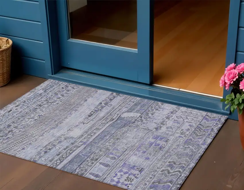 Blue And Lavender Striped Washable Indoor Outdoor Area Rug Photo 2