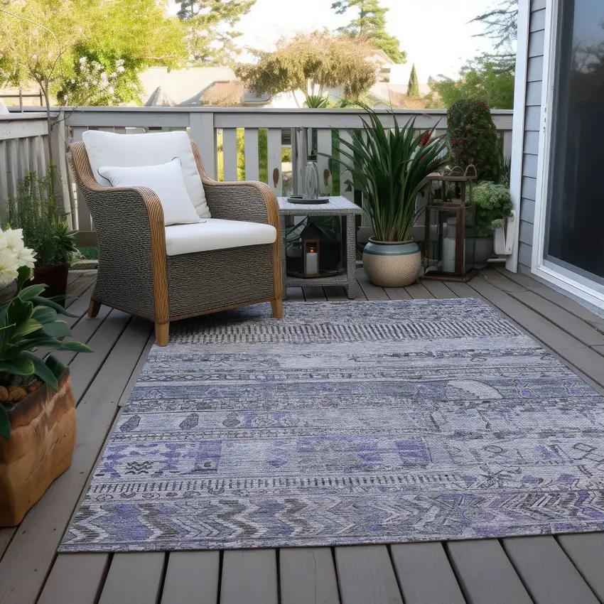 Blue And Lavender Striped Washable Indoor Outdoor Area Rug Photo 7