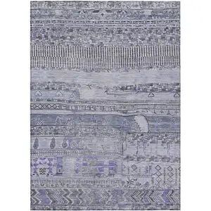 Photo of Blue And Lavender Striped Washable Indoor Outdoor Area Rug