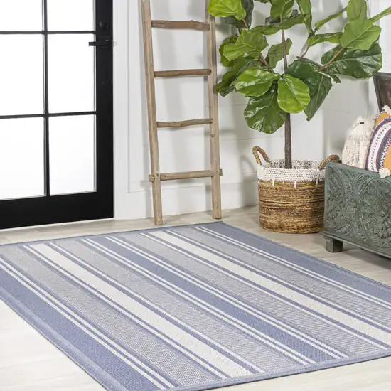 Blue And Light Gray Striped Indoor Outdoor Area Rug Photo 8