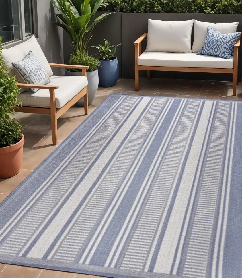 Blue And Light Gray Striped Indoor Outdoor Area Rug Photo 1