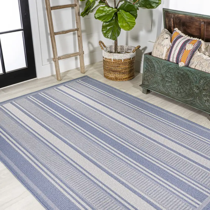 Blue And Light Gray Striped Indoor Outdoor Area Rug Photo 7