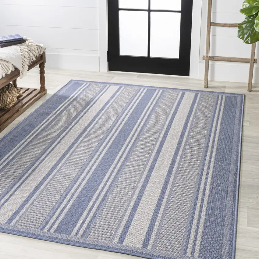 Blue And Light Gray Striped Indoor Outdoor Area Rug Photo 5