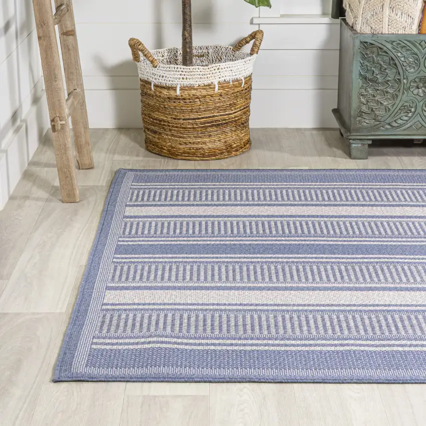 Blue And Light Gray Striped Indoor Outdoor Area Rug Photo 6