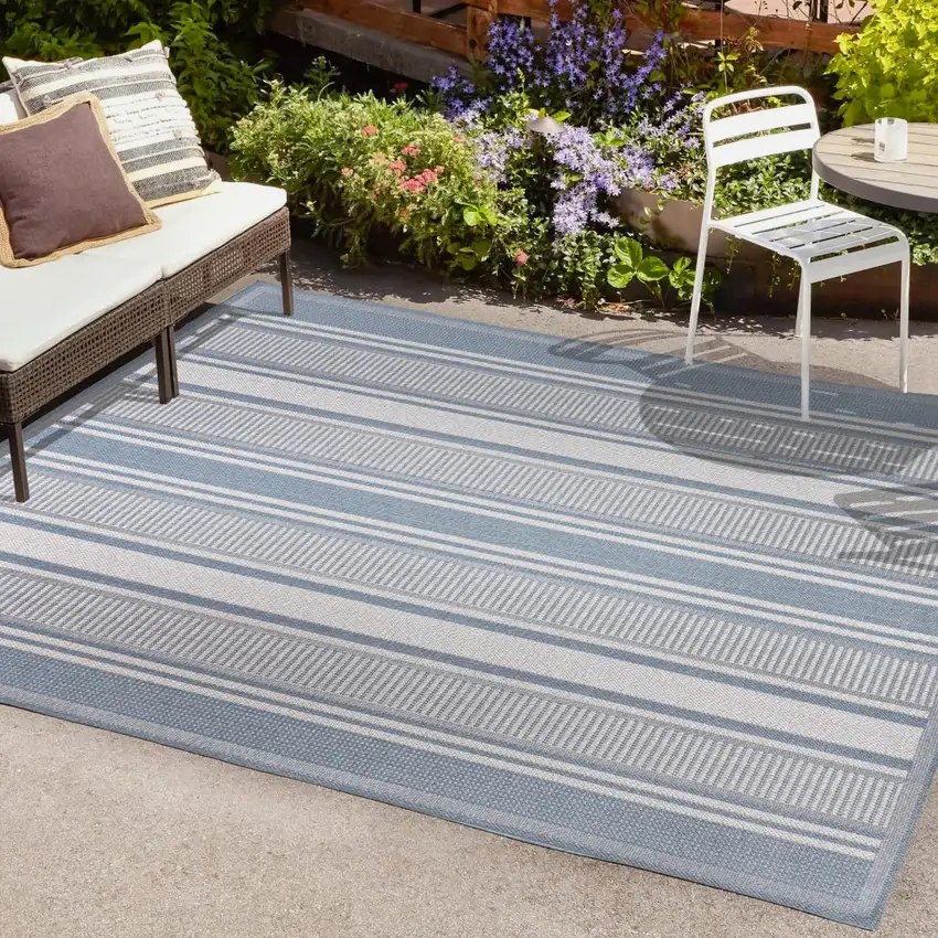 Blue And Light Gray Striped Indoor Outdoor Area Rug Photo 9
