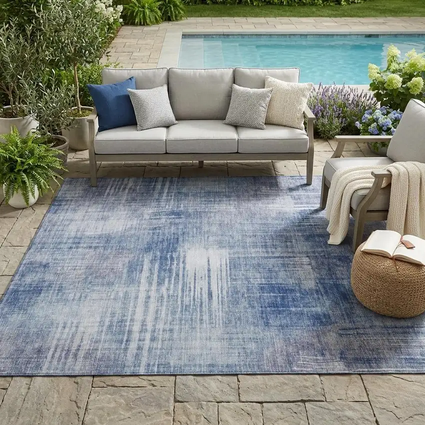 Blue And Lilac Abstract Washable Indoor Outdoor Area Rug Photo 1