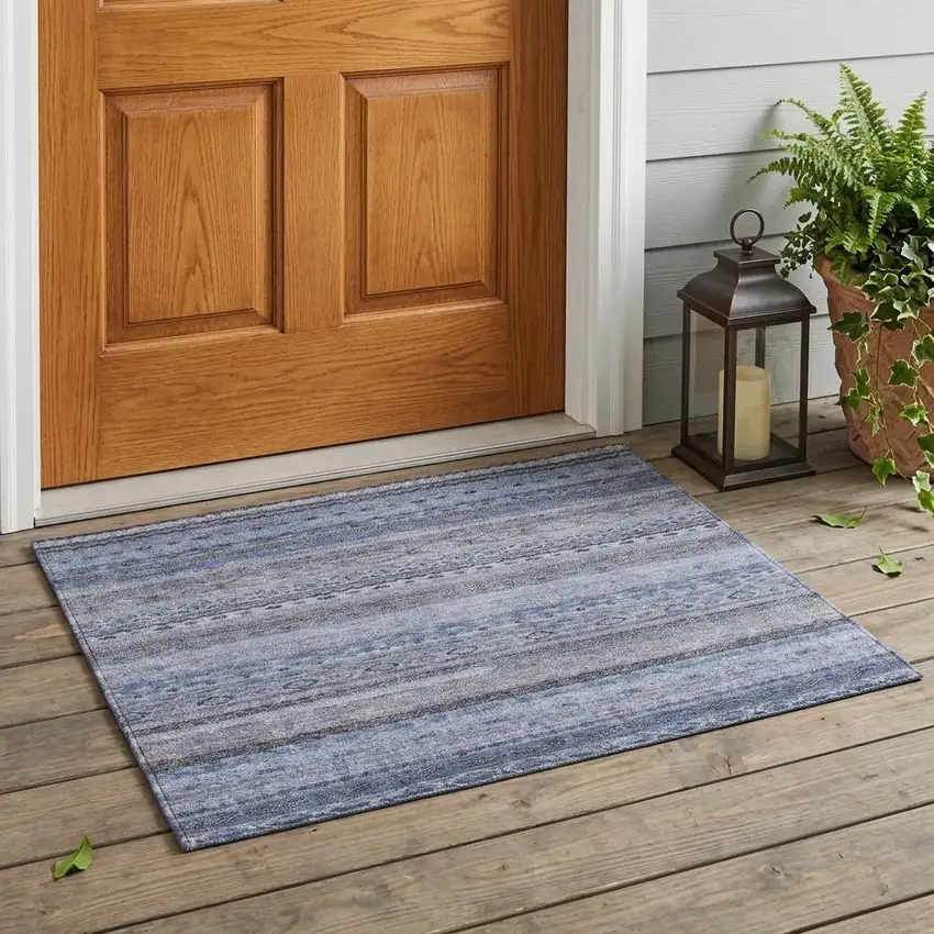 Blue And Lilac Striped Washable Indoor Outdoor Area Rug Photo 1