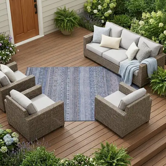 Blue And Lilac Striped Washable Indoor Outdoor Area Rug Photo 1