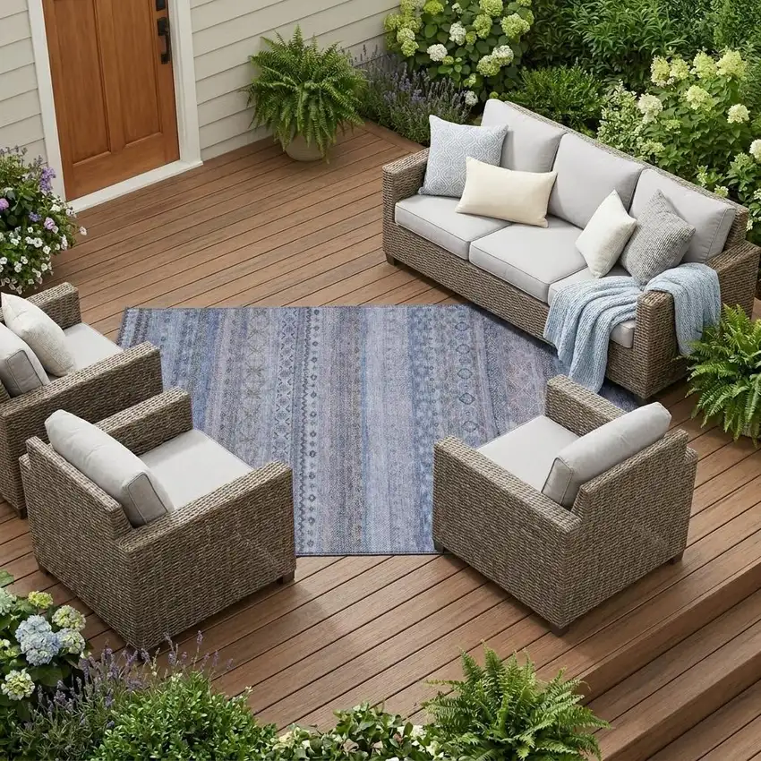 Blue And Lilac Striped Washable Indoor Outdoor Area Rug Photo 1