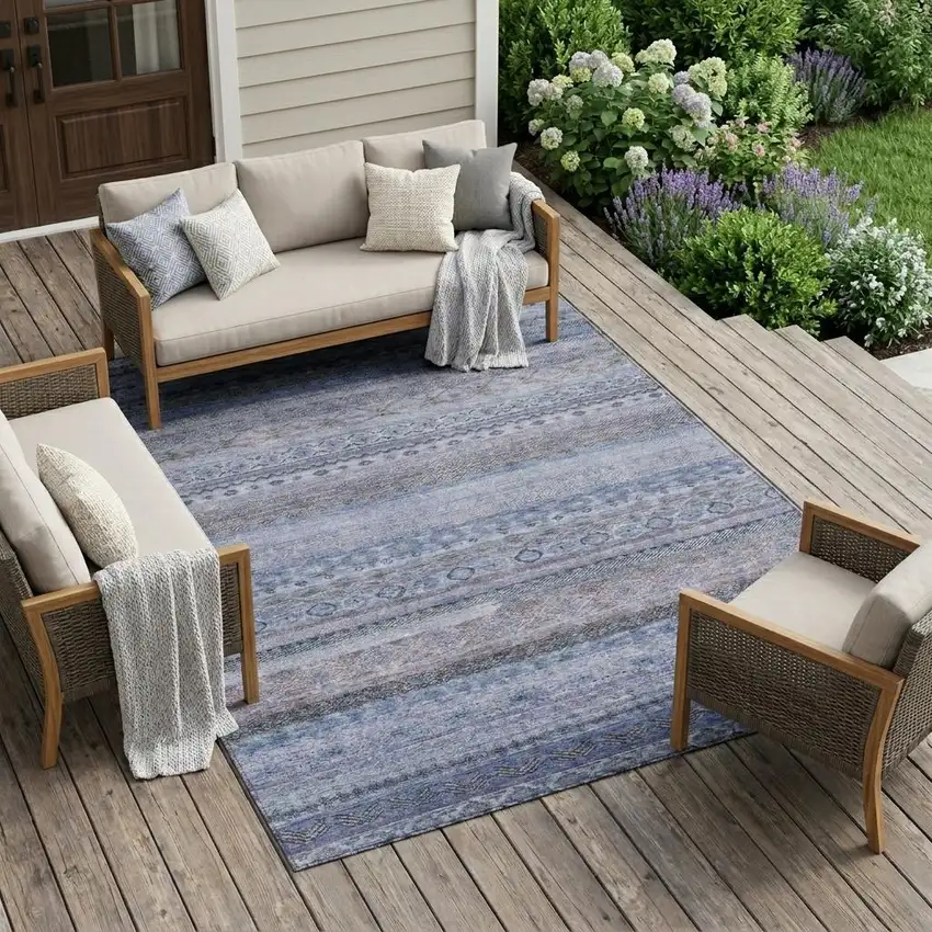 Blue And Lilac Striped Washable Indoor Outdoor Area Rug Photo 1