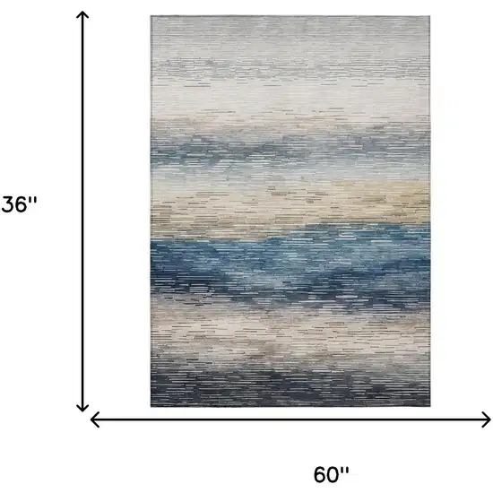 Blue And Linen Striped Washable Indoor Outdoor Area Rug Photo 6