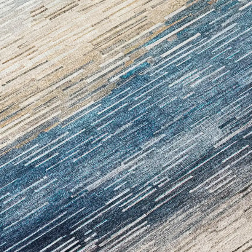 Blue And Linen Striped Washable Indoor Outdoor Area Rug Photo 5
